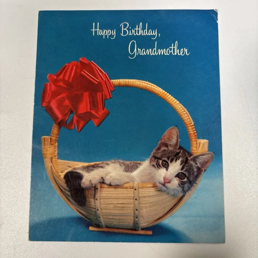 Vintage Hallmark Kitten Cat Basket Happy Birthday Grandmother Greeting Card Art